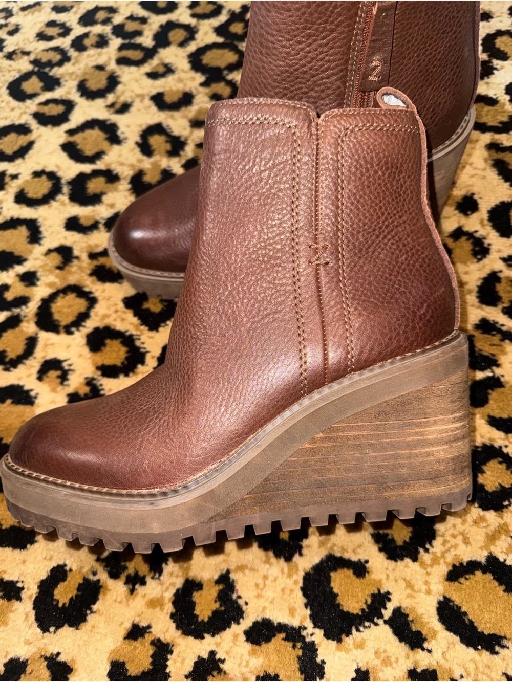 Zodiac Brown Leather Wedge, Side-Zip, Ankle Boots - Picture 5 of 14